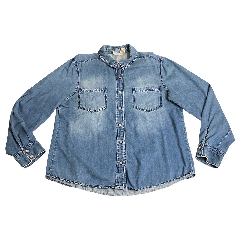 Mudd Pearl Snap Chambray Shirt Women XL Blue Long Sleeve Workwear Western Casual